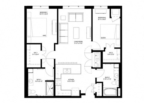 Floor plan for 2 beds, 2 baths, 1053 sqft